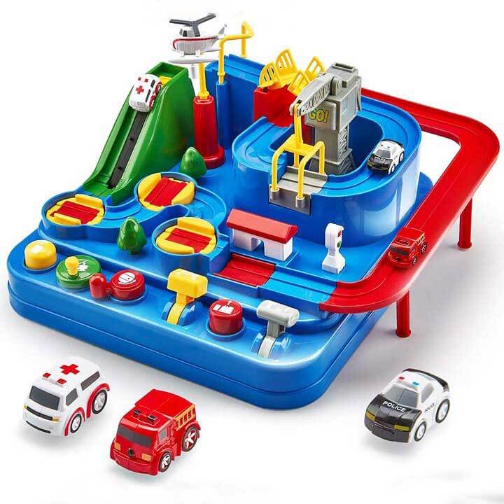 Interactive race track with obstacles – buttons, mini vehicles, safe design | Kids toy