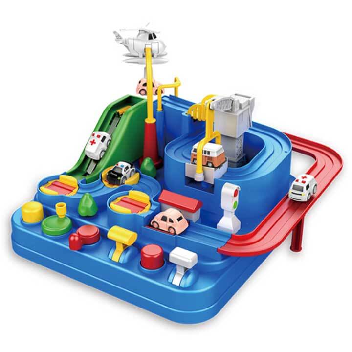 Interactive race track with obstacles – buttons, mini vehicles, safe design | Kids toy