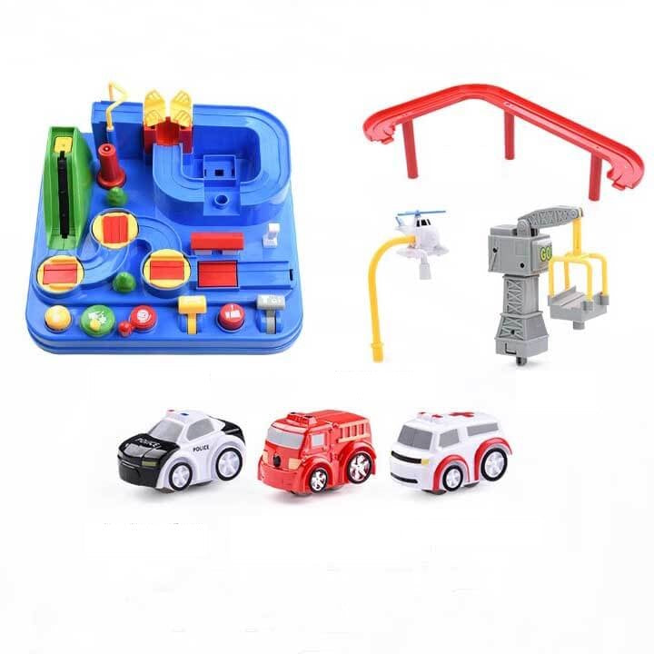 Interactive race track with obstacles – buttons, mini vehicles, safe design | Kids toy