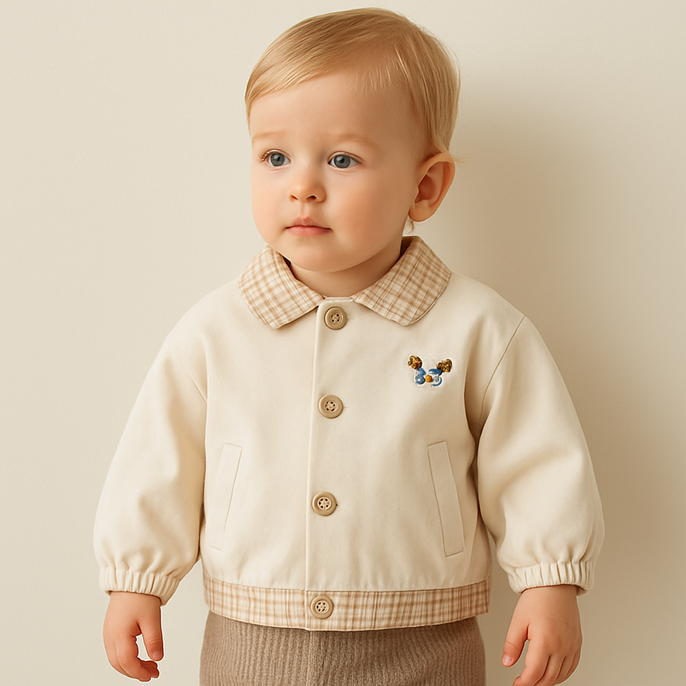 Baby and toddler baseball jacket with patchwork design – elastic cuffs | unisex autumn wear