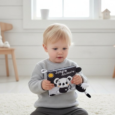 Black-and-white baby book with soft 3D tails – stimulates senses & motor skills | Sensory toy