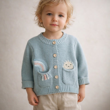Knitted cotton cardigan with rainbow and sun appliqués – soft, button-front, ribbed cuffs | girls