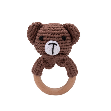 Crocheted rattle with wooden ring animal figure – soft textile, handy | baby shower gift