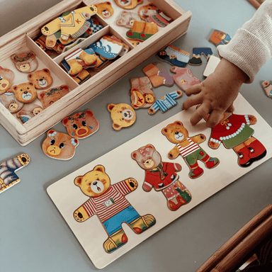 Wooden dress-up puzzle bear with 100 outfits – beech wood, from 2 years | dress-up puzzle