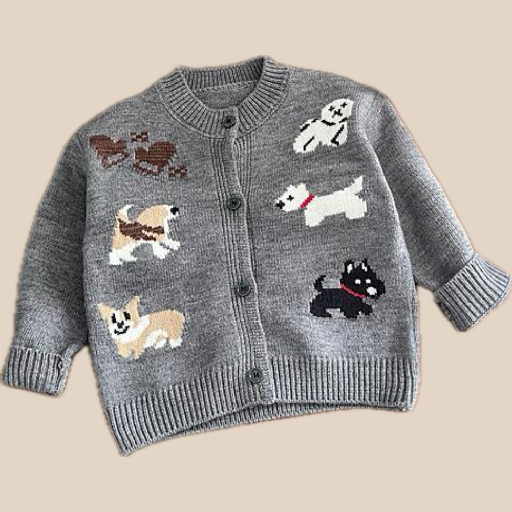 Knitted cardigan with puppy print – soft knit, button fastening | unisex