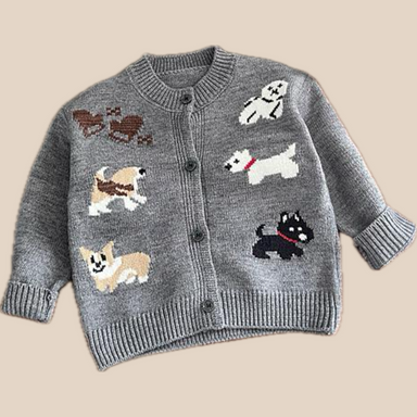 Knitted cardigan with puppy print – soft knit, button fastening | unisex