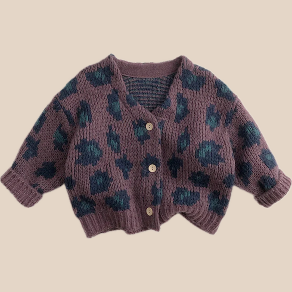 Knitted leopard print cardigan – soft cotton, ribbed cuffs | girls