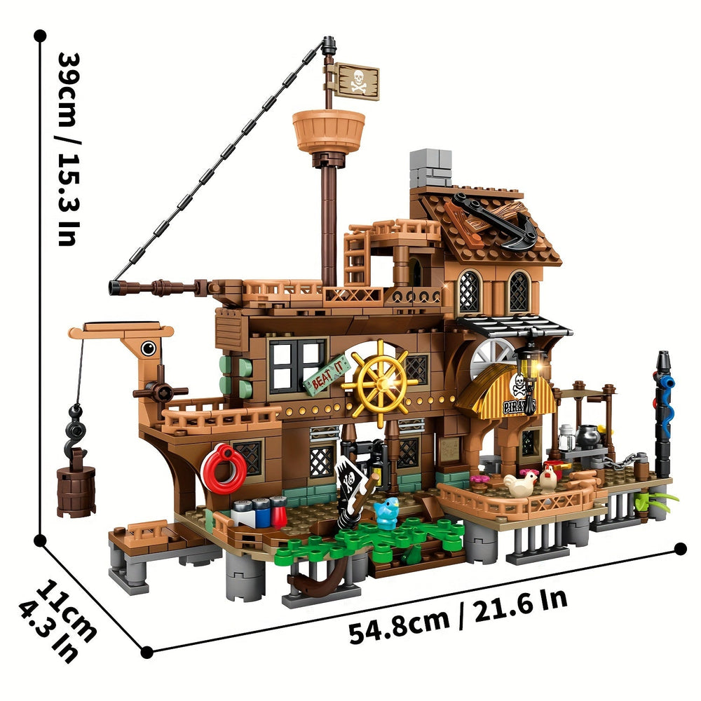 Pirate ship building set with harbour – figures, treasure chest, manual | ages 6+
