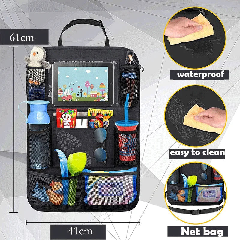 Car seat organiser with tablet holder – storage pockets, water-resistant | for kids