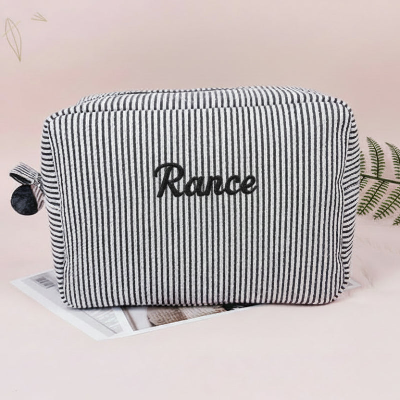 Personalised striped toiletry bag with name – spacious zip, multiple sizes | wash bag