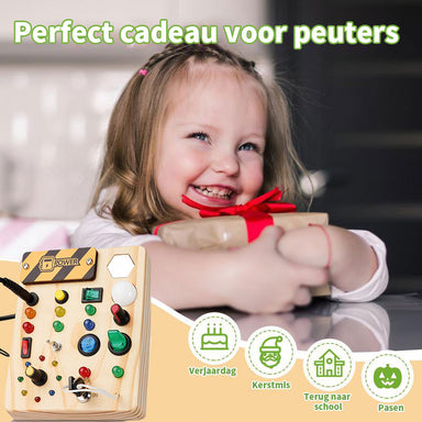 Wooden play panel with lights and switches – durable, portable | toddler toy