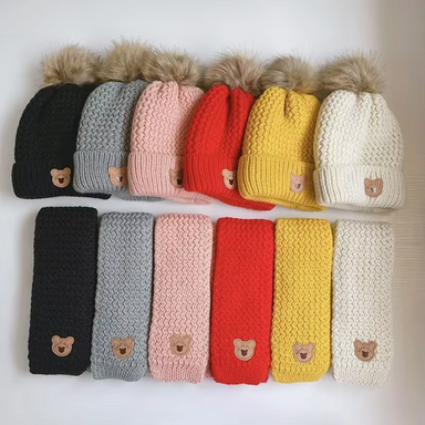 Knitted hat and scarf set with bear motif – soft wool, pompom detail | kids winter accessories