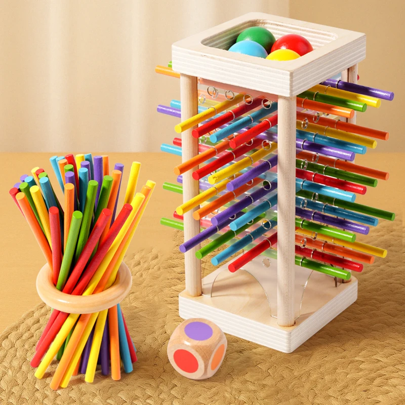 Wooden stick game with colour dice – tower or ring, 2+ players | dexterity game