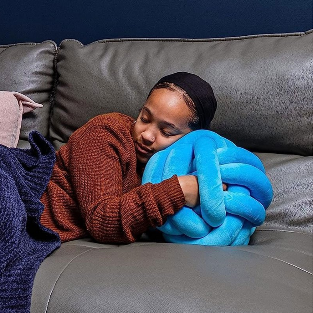 Weighted knot pillow with hand openings – soft plush, two sizes, hand wash | cuddle cushion