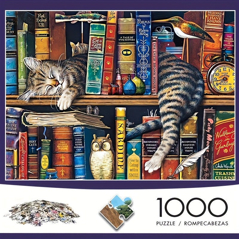 1000-piece cat jigsaw puzzle with cosy book theme – relaxing hobby, detailed design | puzzle lovers