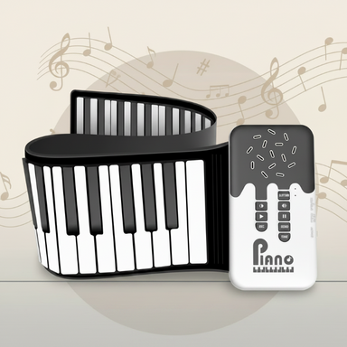 Roll-up kids piano with 49 colour-coded keys – foldable, records melodies | Musical toys
