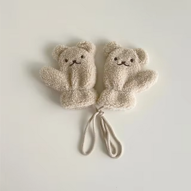 Fleece mittens with bear face design – warm, soft, cord-connected | kids winter gloves