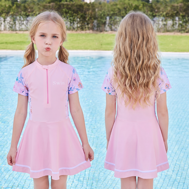 Zip-up swim dress for girls – short sleeves, skirt, floral print | kids swimsuit
