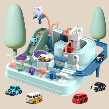 Interactive car race track playset – includes 4 vehicles & helicopter | battery-free