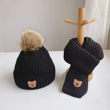 Knitted hat and scarf set with bear motif – soft wool, pompom detail | kids winter accessories