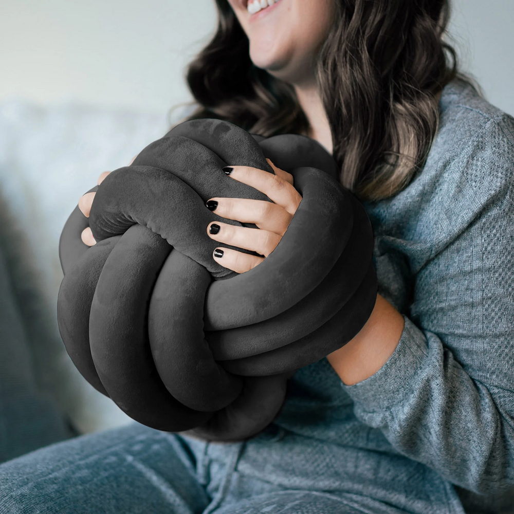Weighted knot pillow with hand openings – soft plush, two sizes, hand wash | cuddle cushion
