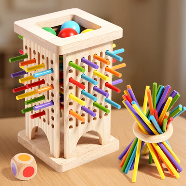 Wooden stick game with colour dice – tower or ring, 2+ players | dexterity game