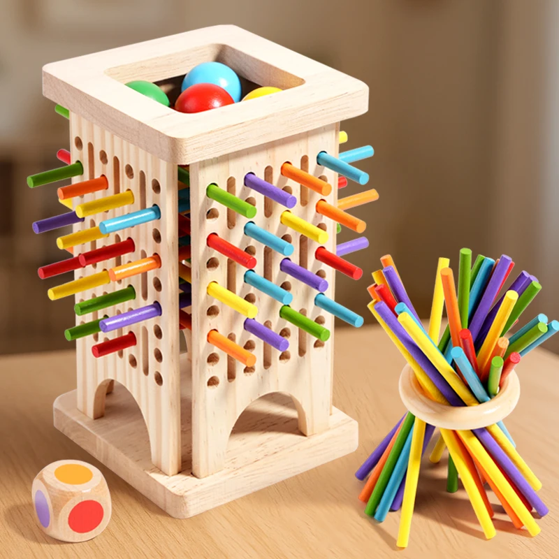 Wooden stick game with colour dice – tower or ring, 2+ players | dexterity game