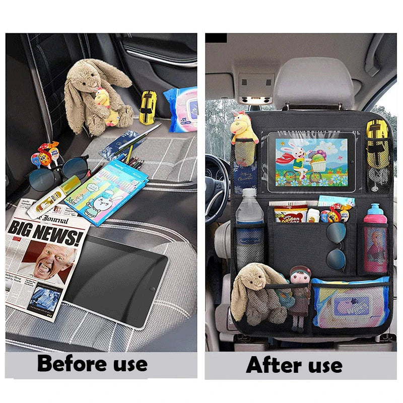 Car seat organiser with tablet holder – storage pockets, water-resistant | for kids
