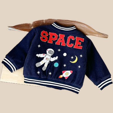 Baseball jacket with space print – ribbed cuffs, zip, pockets | unisex coat