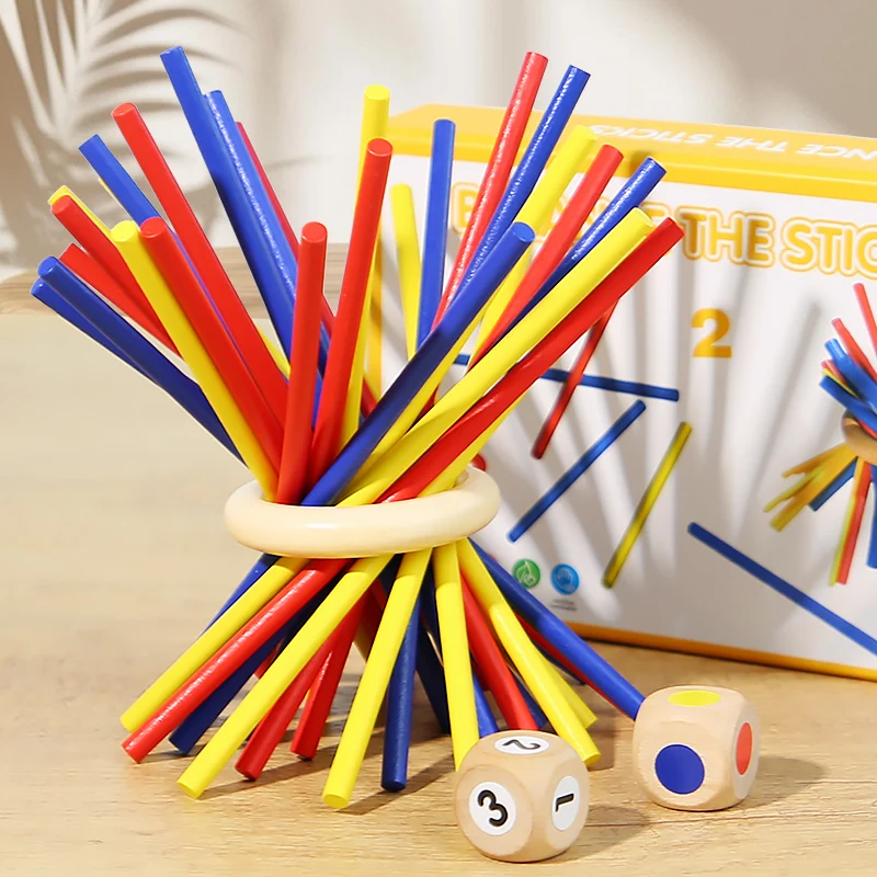 Wooden stick game with colour dice – tower or ring, 2+ players | dexterity game