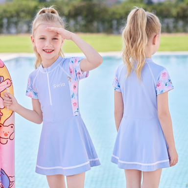 Zip-up swim dress for girls – short sleeves, skirt, floral print | kids swimsuit