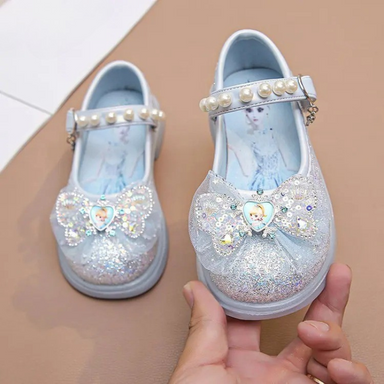 Shiny girls' shoes with touch-fasten strap – bow, pearl detail, padded sole | party shoes