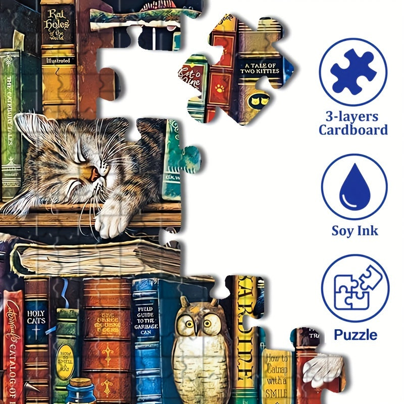 1000-piece cat jigsaw puzzle with cosy book theme – relaxing hobby, detailed design | puzzle lovers