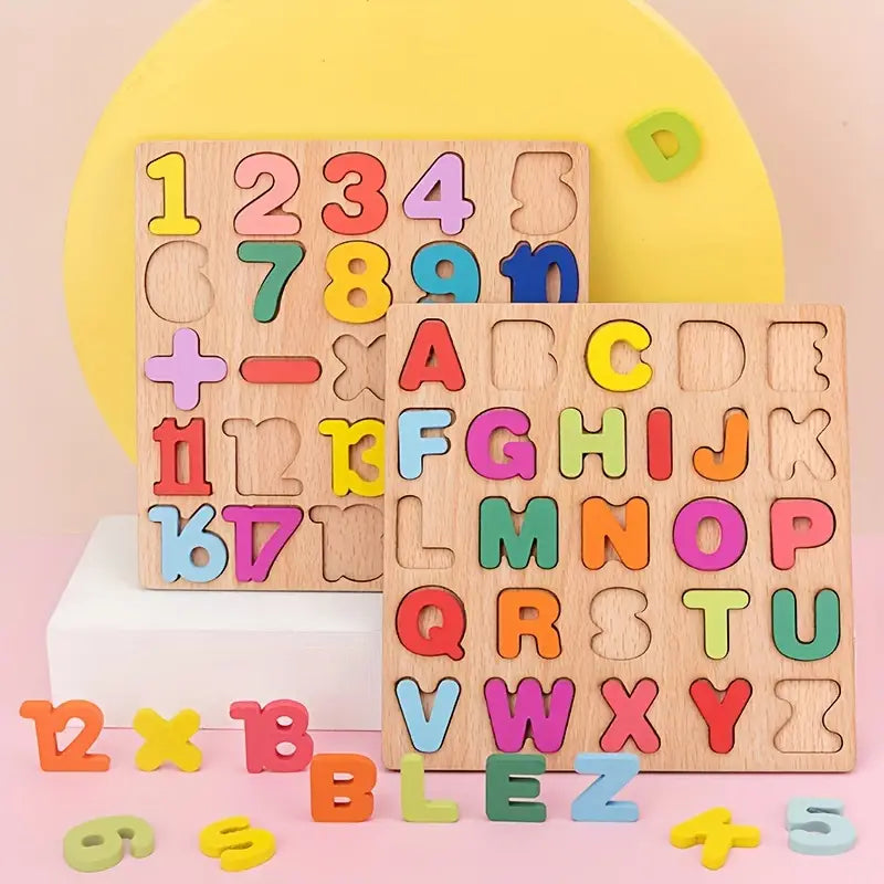 Wooden puzzle set teaches letters, numbers and shapes – sturdy, safe | Toddlers