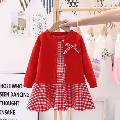 Checked wool-blend dress & cardigan set – 2-piece, bow detail | girls' outfit