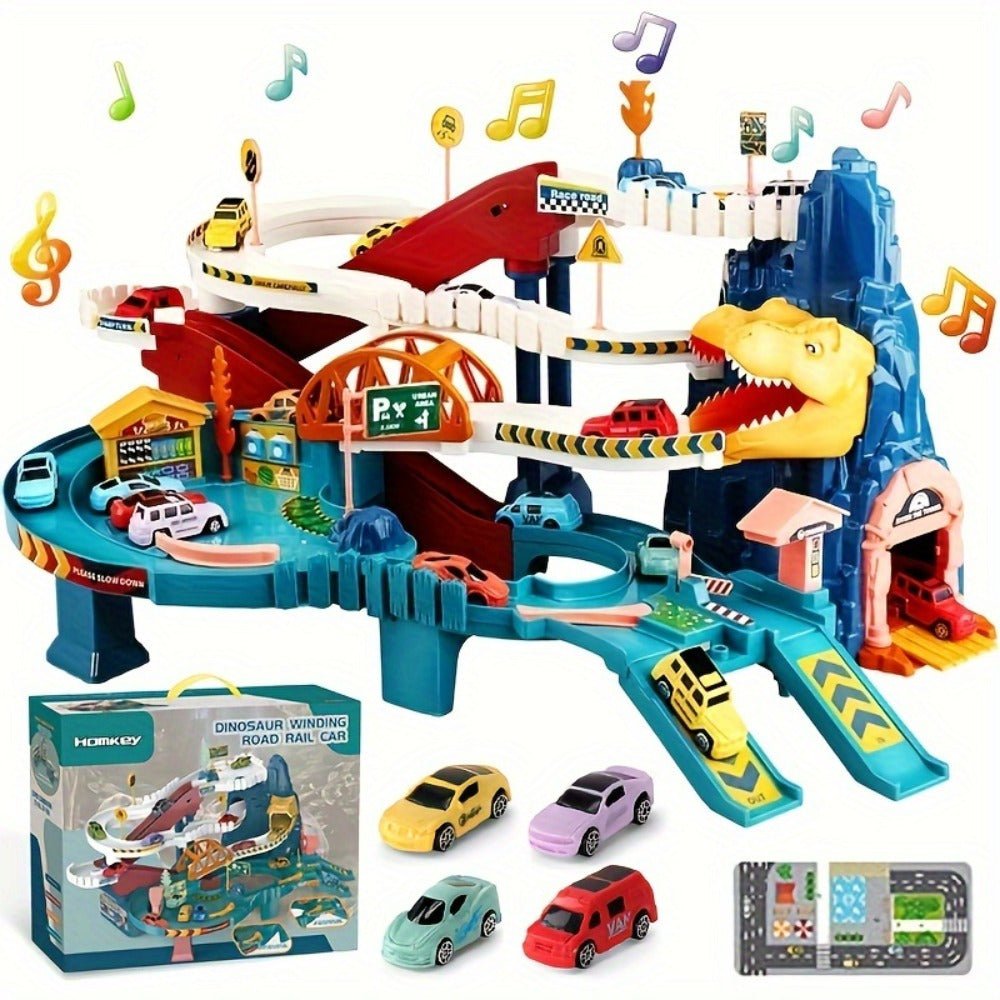Dinosaur race track set with cave and cars – play mat, dino figures, signs | ages 3-6