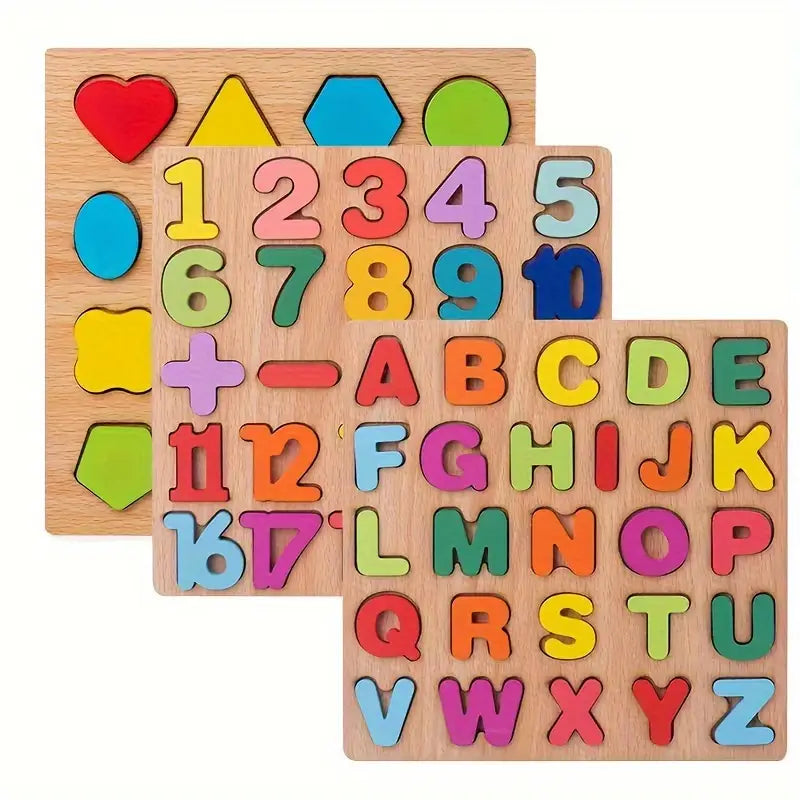 Wooden puzzle set teaches letters, numbers and shapes – sturdy, safe | Toddlers