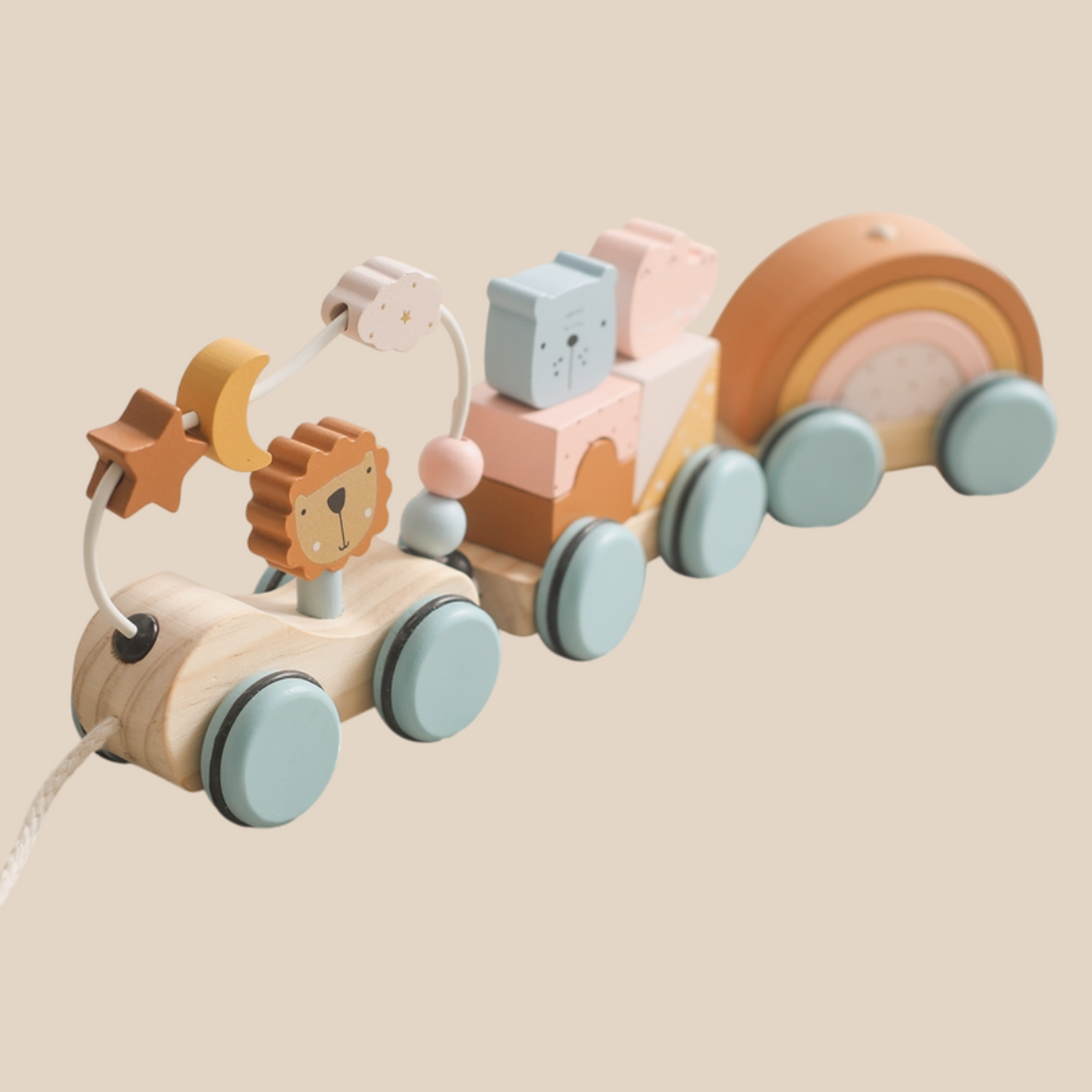 Wooden toy train with animals & rainbow blocks – connectable, durable wood | toddlers