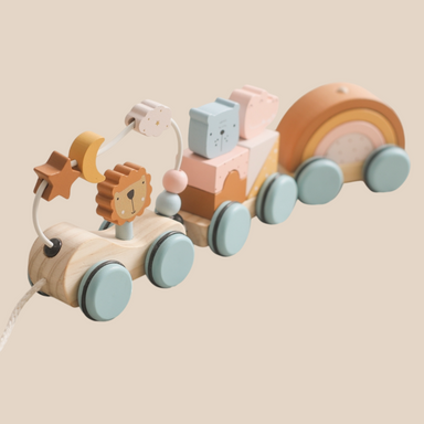 Wooden toy train with animals & rainbow blocks – connectable, durable wood | toddlers