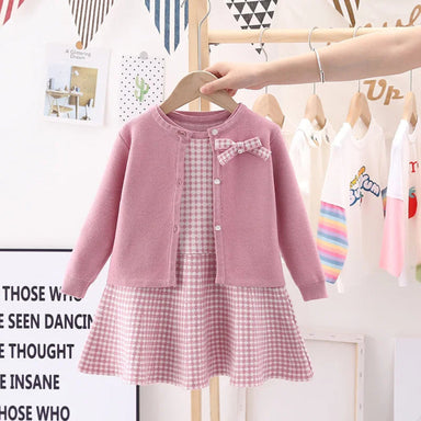 Checked wool-blend dress & cardigan set – 2-piece, bow detail | girls' outfit