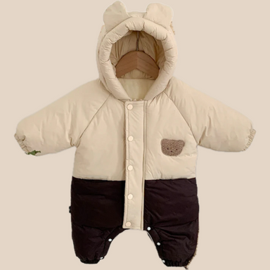 Baby bear jumpsuit keeps baby warm – soft, cosy hood, easy zip | winter onesie