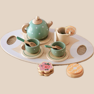 Wooden high tea play set – pastel colours, 15 pieces, age 3+ | girls and boys