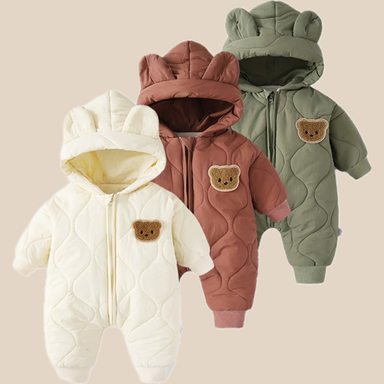 Baby onesie with bear ears – warm, fleece-lined, easy zip | unisex babygrow