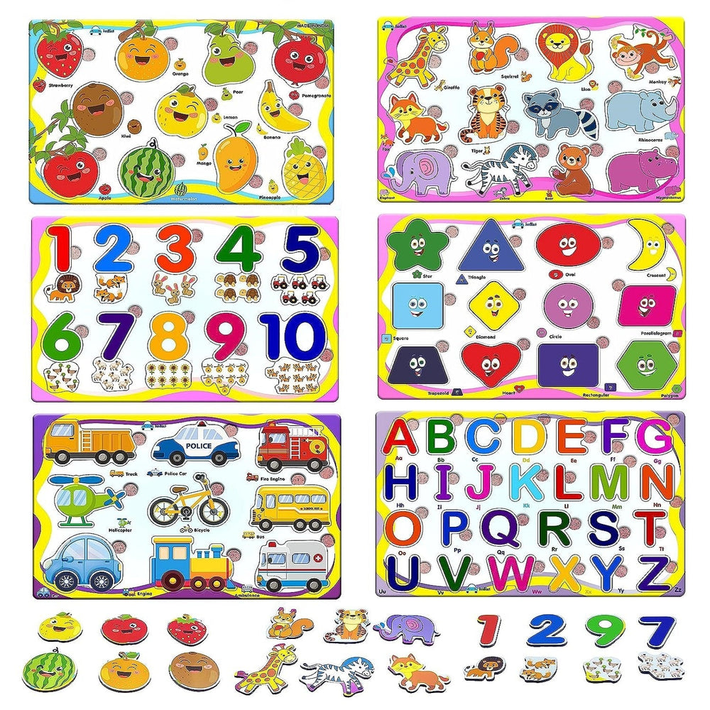 Wooden puzzle set helps kids learn letters and shapes – 6-in-1, educational | Ages 3+