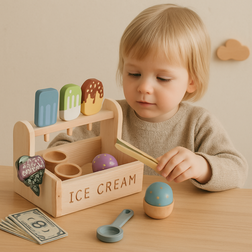Wooden ice cream playset sparks creativity – stacking, sorting, roleplay | for toddlers