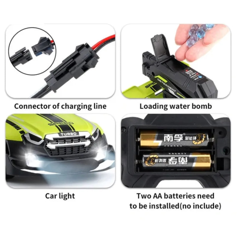 Remote control car with water fun – LED lights, stunts, rechargeable battery | kids racing toy