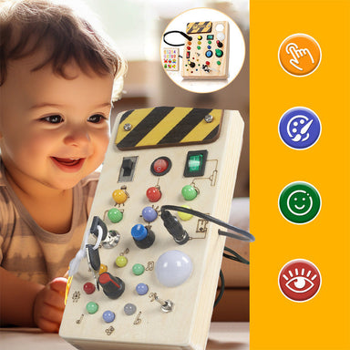 Wooden play panel with lights and switches – durable, portable | toddler toy