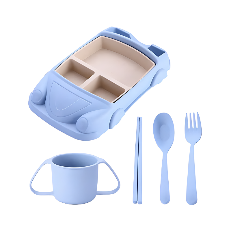 Children's eating set with vehicle-shaped tray – BPA-free, dishwasher-safe | toddler mealtime