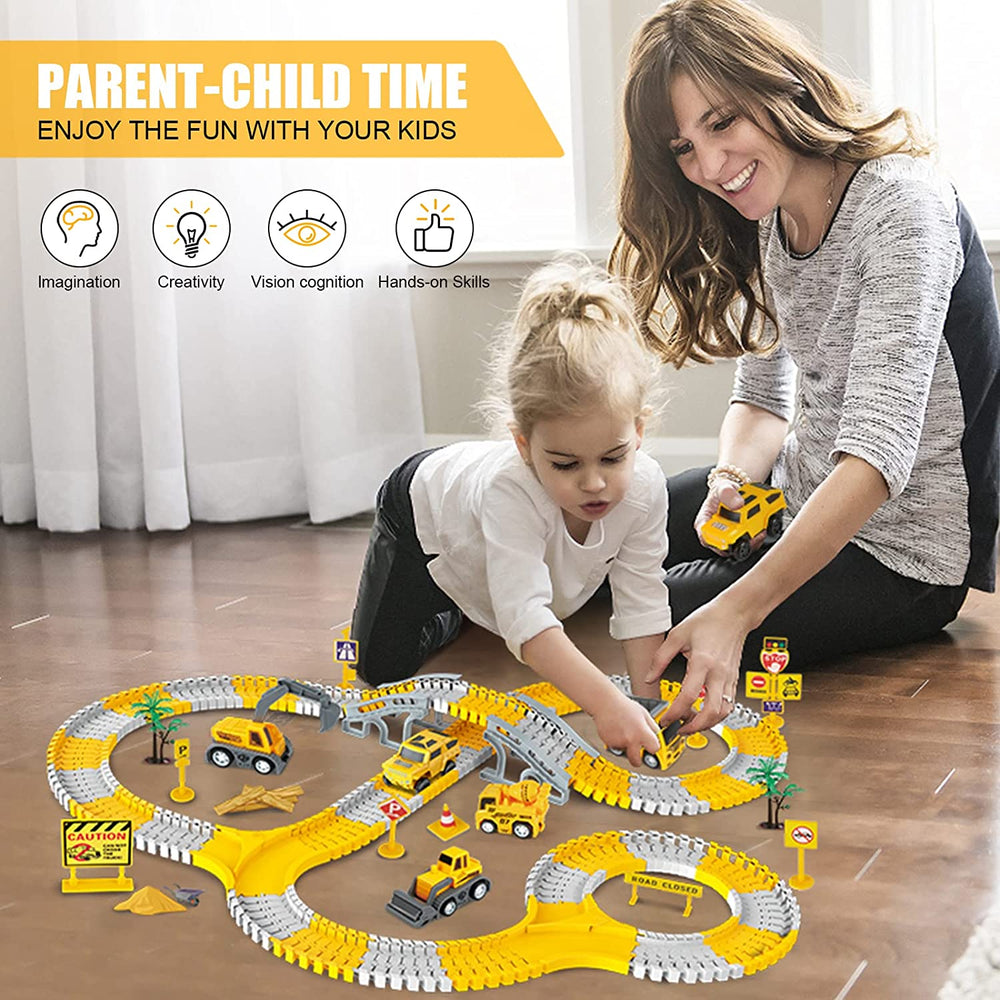 Flexible toy track set with bendable rails – build, race and play | kids construction playset