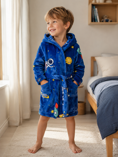 Children's dressing gown with space print – warm fleece, hood, pockets | boys